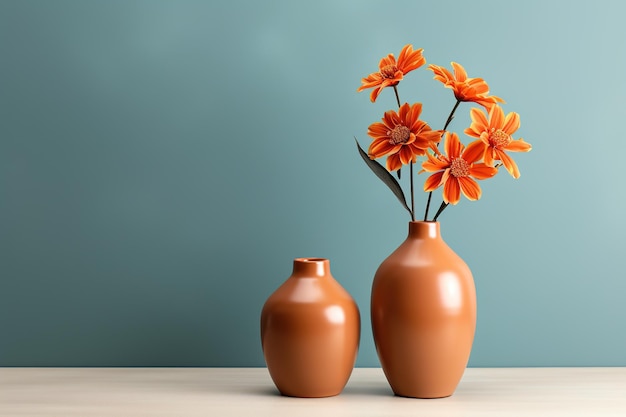 Foto minimalismo foto due moderni vasi in terracotta con fiori arancione su un tavolo con spazio di copia su sfondo blu