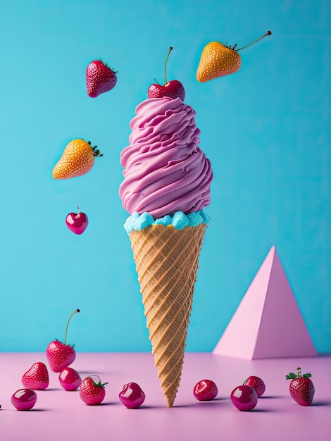 Minimalism pink ice cream with cherries ai generative