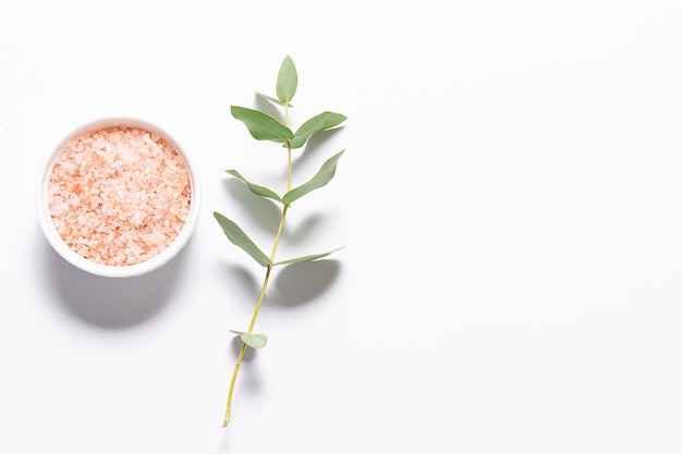 Minimalism style composition with cosmetic Himalaya salt in a bowl and fresh  eucalyptus twigs.