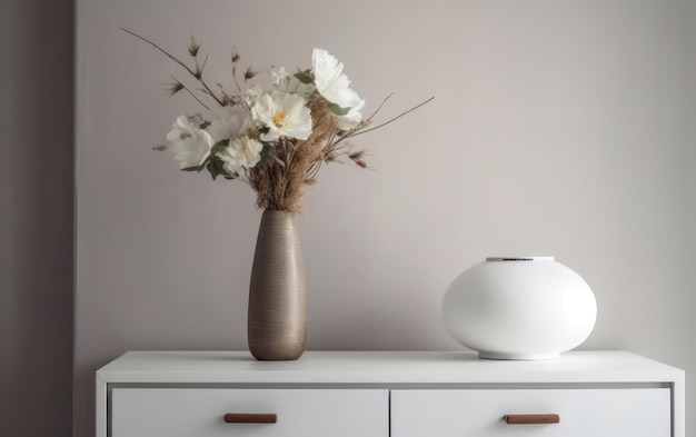 Minimalism style interior decor flower arrangement in a ceramic vase and a white metal table lamp