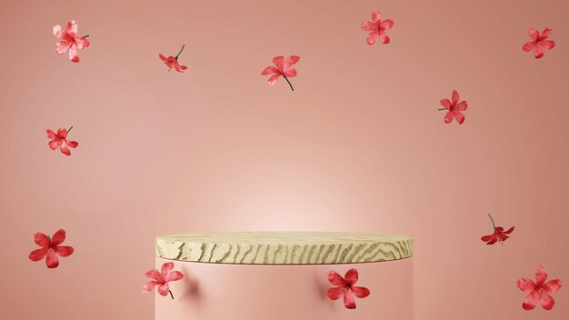 Minimalism wooden product display stage with hibiscus or rose\
mallow flowers falling or levitate in midair 3d rendering\
illustration
