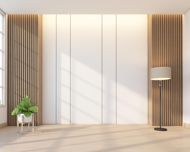Minimalisme lege ruimte met houten lattenwand en witte muur 3d-rendering