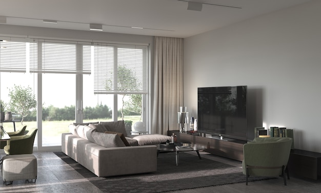 Minimalisme modern interieur. Studio woonkamer met bank, fauteuil, tapijt en tv-zone. 3D-weergave. 3D-afbeelding.
