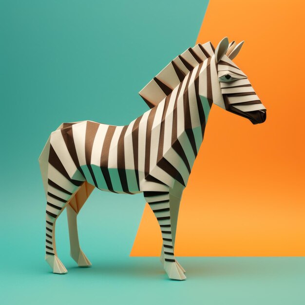 Photo minimalist 3d animation origami zebra on colored background