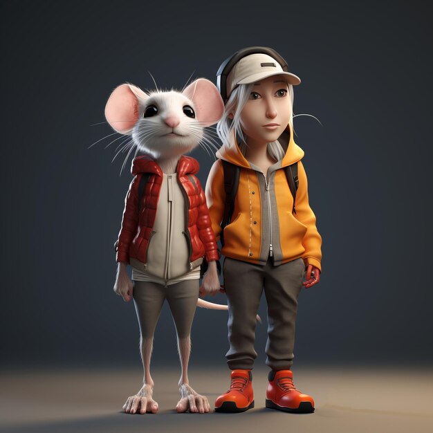 Photo minimalist 3d character rat and jennifer with red cap and jacket