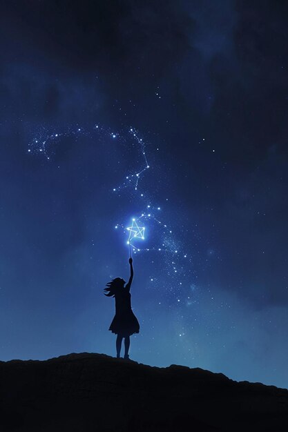 Minimalist 3D depiction of a female figure reaching towards a constellation shaped like the female s