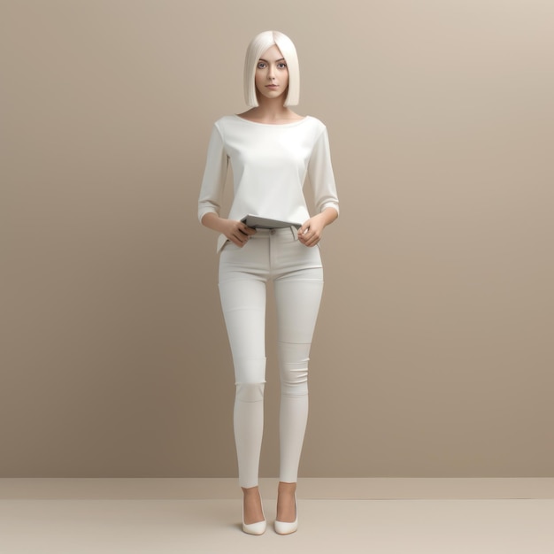 Minimalist 3d Model Of Jennifer In White Pants With Beige Wall Background