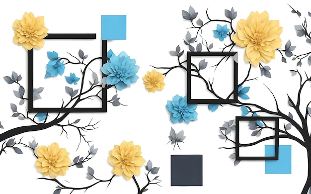 Minimalist 3D Mural Painting wallpaper for Classic Home Interior with Floral Tree and Blue Black