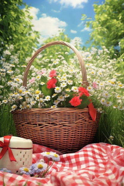 a minimalist 3D picnic basket with a checkered cloth and a few spring flowers