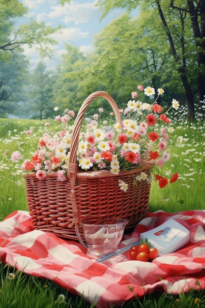 a minimalist 3D picnic basket with a checkered cloth and a few spring flowers