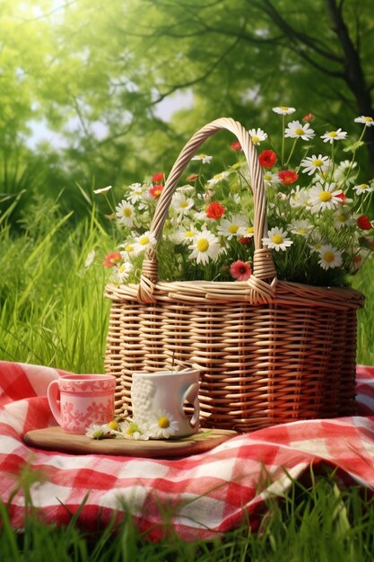 a minimalist 3D picnic basket with a checkered cloth and a few spring flowers