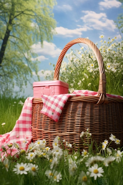 a minimalist 3D picnic basket with a checkered cloth and a few spring flowers