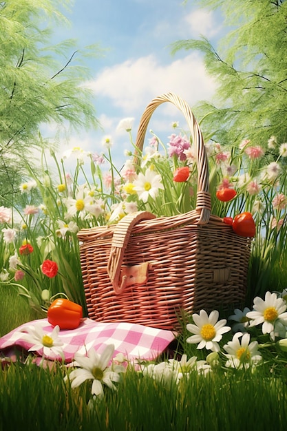 a minimalist 3D picnic basket with a checkered cloth and a few spring flowers