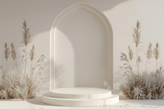 Minimalist 3D podium with arch and dried plants for product display