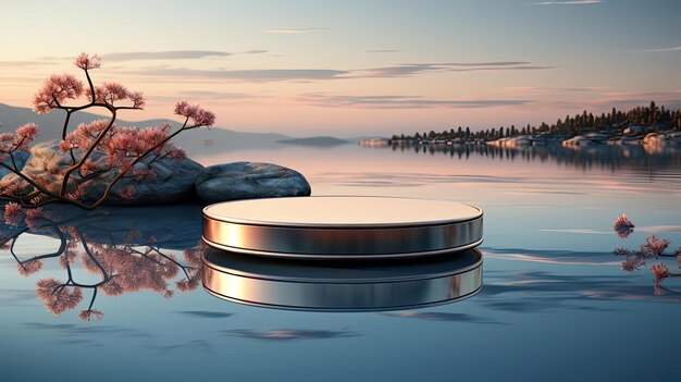 Photo minimalist 3d render circle podium product display with beautiful water background