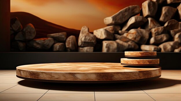 Photo minimalist 3d render podium product display with beautiful background and rock ornament