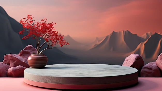 Photo minimalist 3d render podium product display with beautiful background and rock ornament