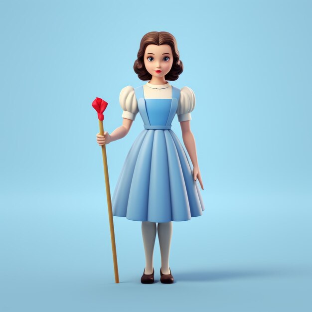 Minimalist 3d Rendering Of Dorothy In Blue Dress With Pointed Stick