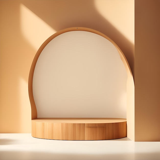 Minimalist 3d rendering of podium for product presentation in orange room with round frame