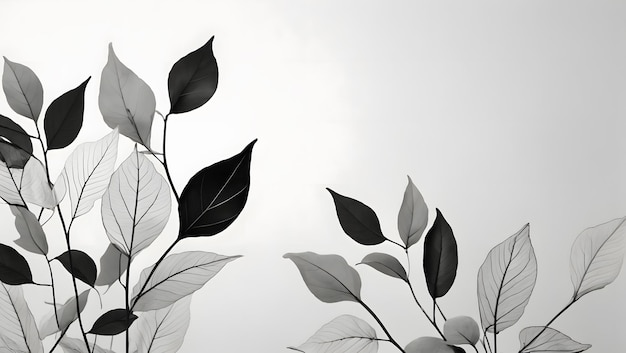 Minimalist abstract background with black outline leaves located on the sides of the template