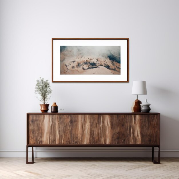 Photo minimalist aerial photography empty room with mountain photo and black wooden side table