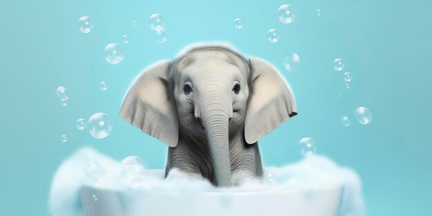 Foto elefante albino minimalista in una vasca da bagno di bolle di sapone contro uno sfondo ciano