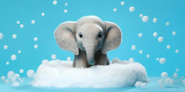 청록색 배경의 비누 거품 욕조에 있는 미니멀리스트 알비노 코끼리 AI Generative