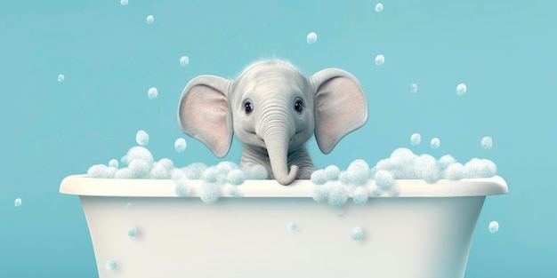 Minimalist Albino Elephant in a Bathtub of Soap Bubbles Against a Cyan Background AI Generative