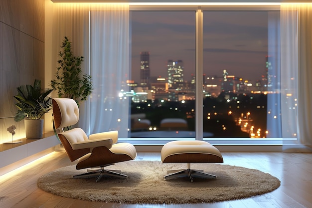 Photo minimalist apartment with city landscape interior design of modern living room