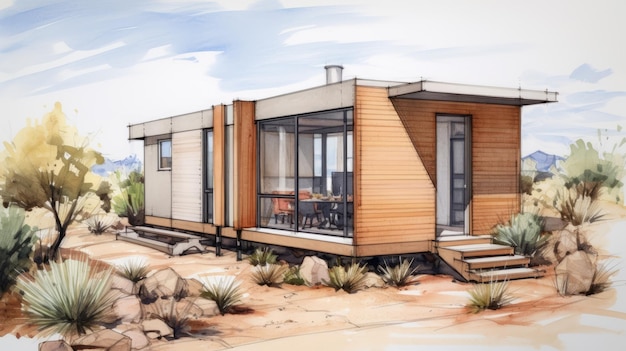 Minimalist Architecture Luxury Tiny Home Sketch On Desert Lot