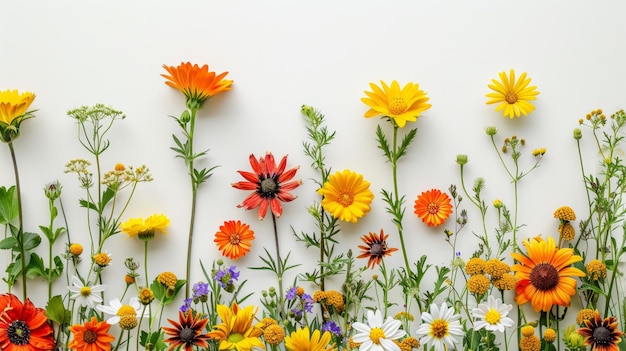 A minimalist arrangement of bright summer flowers like sunflowers and daisies