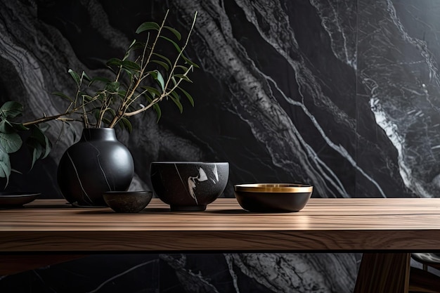 Minimalist arrangement on a hardwood and epoxy table with marble vessel black cups and a spoon Interior of a modern dining room Details Template