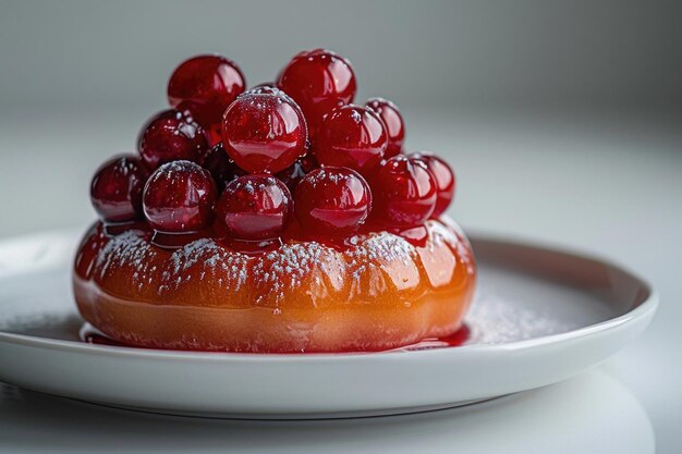 A minimalist arrangement of a sweet dessert on a white plate against a pristine white background