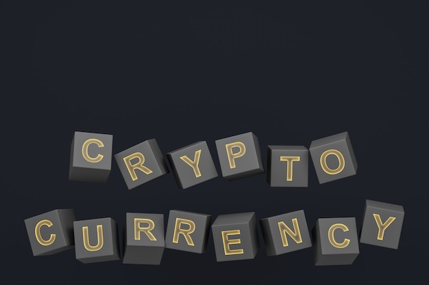 Minimalist background for Crypto currency, Gray cubic text for Crypto currency on dark background. 3d rendering