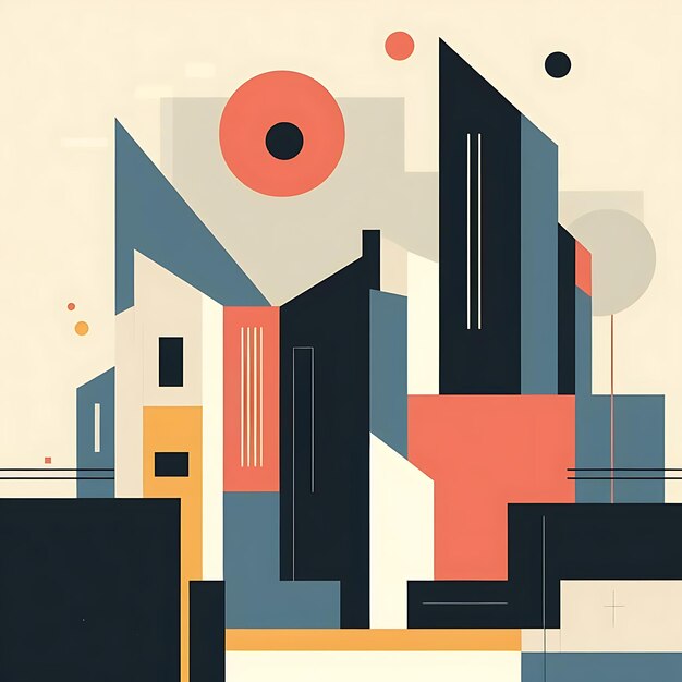 抽象的な都市風景と幾何学的な形状を描いたイラストのミニマリストの背景デザイン