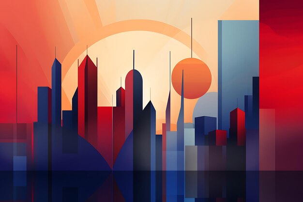 A minimalist background design in illustration depicting an abstract cityscape with geometric shapes