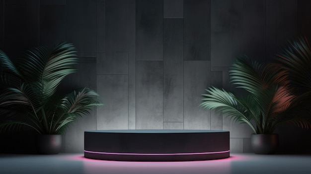 Minimalist background with podium for product presentation with neon lights and plants