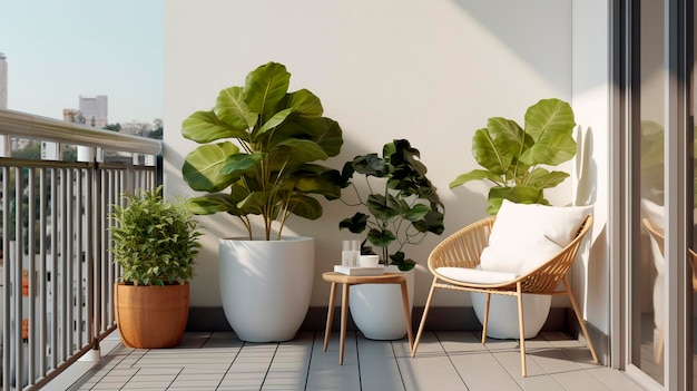 작은 테이블, 의자 및 비 식물과 함께 미니멀리즘 발코니 생성 AI