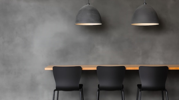 Minimalist Bar Interior with Black Chairs and Pendant Lights