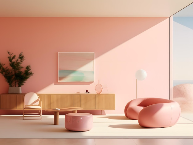 분홍색 현대 가구와 함께 미니멀리즘 바비코어 거실 인테리어 디자인