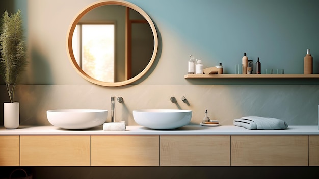 미니멀한 화장실 클로즈업은 조명된 프레임이 있는 거울을 특징으로 하고 있으며, 원시적인 카운터에 따뜻하고 매력적인 빛을 발한다.