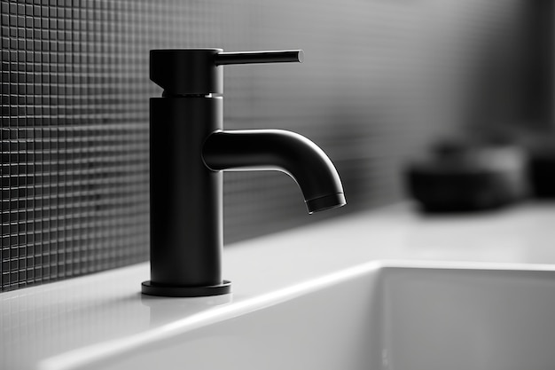 A minimalist bathroom close up featuring a sleek matte black faucet with water droplets glistening Generative AI