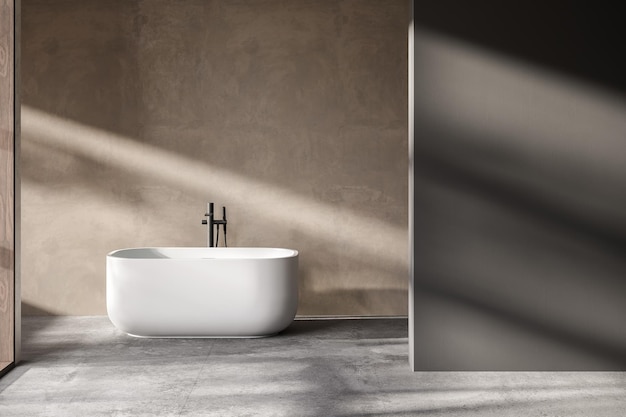 Foto interno bagno minimalista, pavimento in cemento e pareti grigie e beige, mobile bagno con vasca e bagno