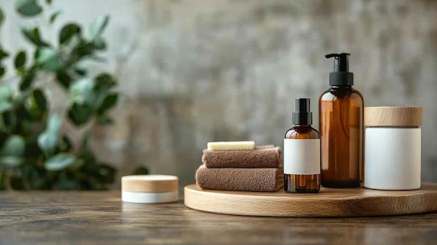 minimalist bathroom set with towels and skincare bottles