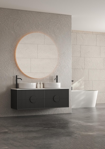 Minimalist bathroom with tile walls, white bathtub and double sink with oval mirror, concrete floor.