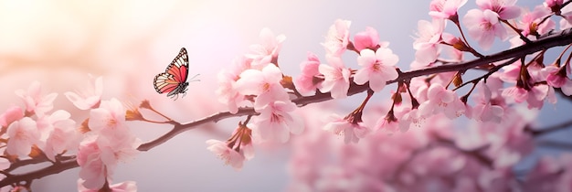 Minimalist beauty butterfly over pink spring flowers in nature