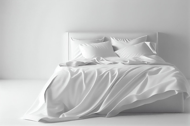 A minimalist bedroom bed with white clean linens comfy pillows and a blanket a copy place Generative AI