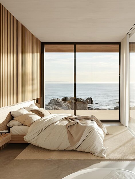 Minimalist bedroom interior with ocean sea view modern coastal interior summer travel vacation