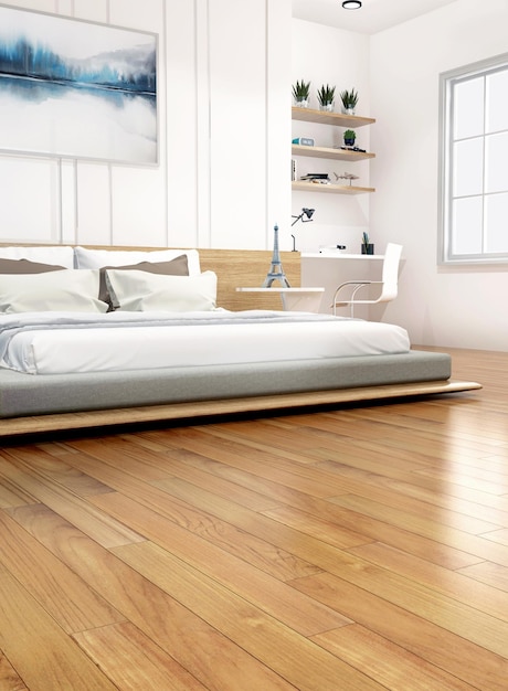 Photo minimalist bedroom interior with teak woodflooring