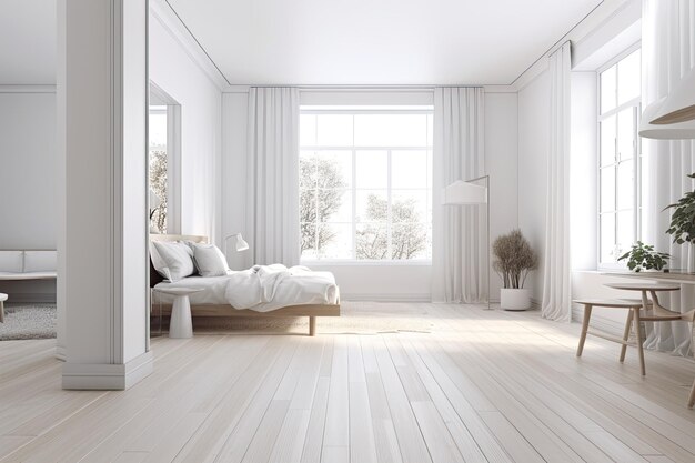 Minimalist bedroom with a bed and a table Generative AI